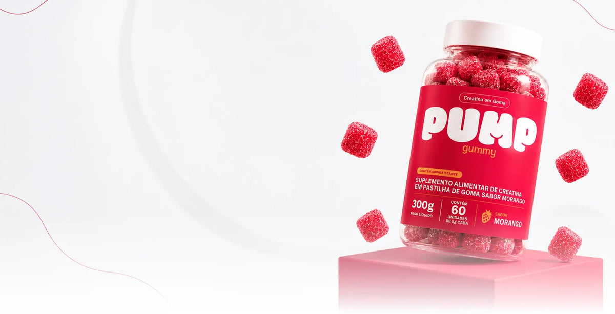Pote de creatina em gummy com fundo de degradê cinza e branco com detalhes em vermelho