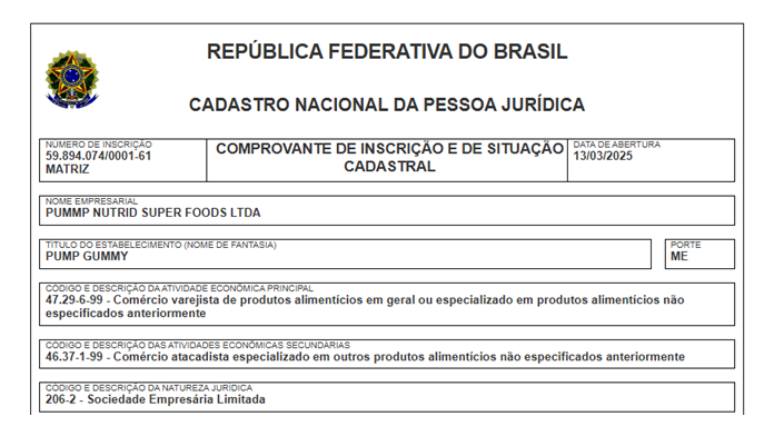 Comprovante de inscrição e situação cadastral do CNPJ da Pummp Nutrid Super Foods