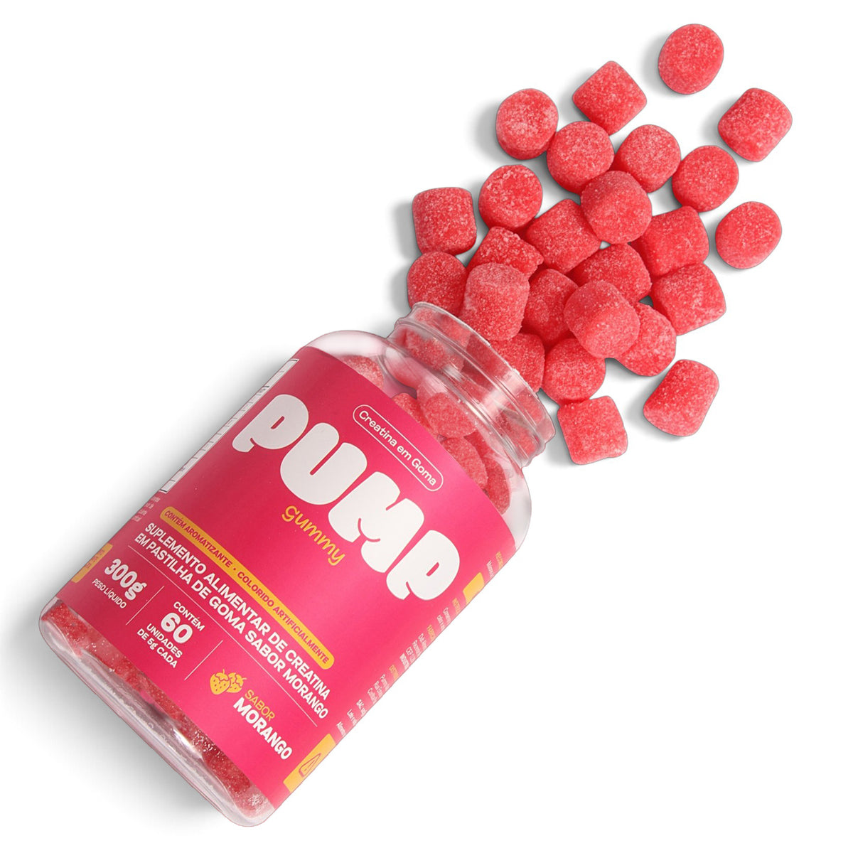 Pote de Creatina em Goma Pump Gummy sabor Morango aberto com gomas espalhadas sobre superfície