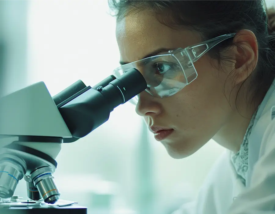 Foto de mulher investigando algo em um microscópio indicando pesquisa