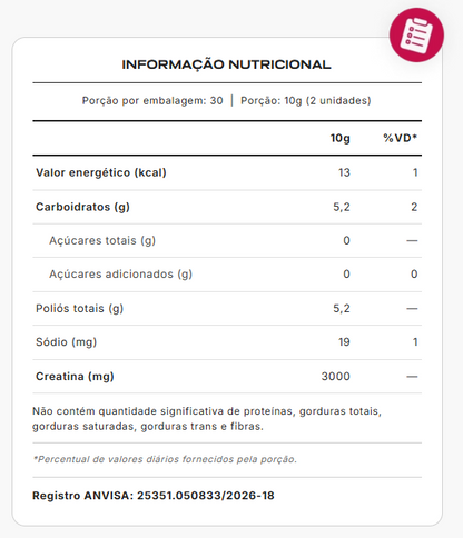 Tabela nutricional e ingredientes da Creatina em Goma Pump Gummy Morango, 3g de creatina por porção